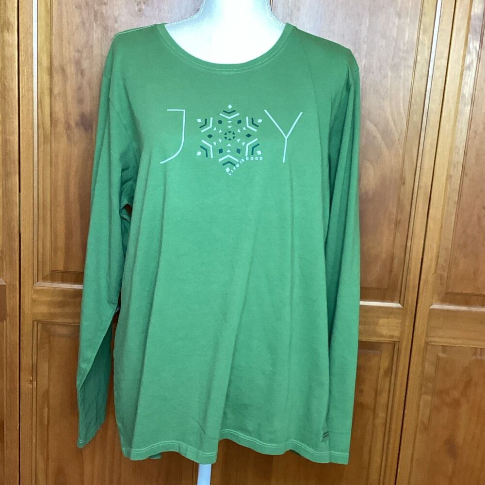 Life Is Good Womens XXL Crusher Tee Tshirt Long Sleeve Green Joy Snowflake